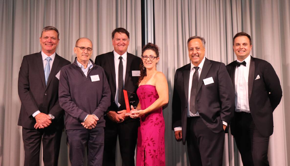 Elders Real Estate Geraldton received the Team Culture award, with sales specialists Robert Taylor (second left) and Courtney Keeffe, property manager Shannon Wegert and branch manager George Panayotou receiving the award from State operations and finance manager WA Shayne Paskins (left) and senior rural real estate executive Simon Cheetham (right). The branch was described by Mr Cheetham as having "a fantastic impact, not only on their tangible results, but also to the team morale".