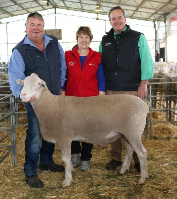 With the top priced meat breed sire, a White Suffolk bought for $4000 via phone bid by Kolindale stud, Wickepin, were vendors Grant (left) and Debbie Bingham, Iveston stud, Williams, and Nutrien Livestock commercial sheep manager Tom Bowen, Katanning, who did the bidding.