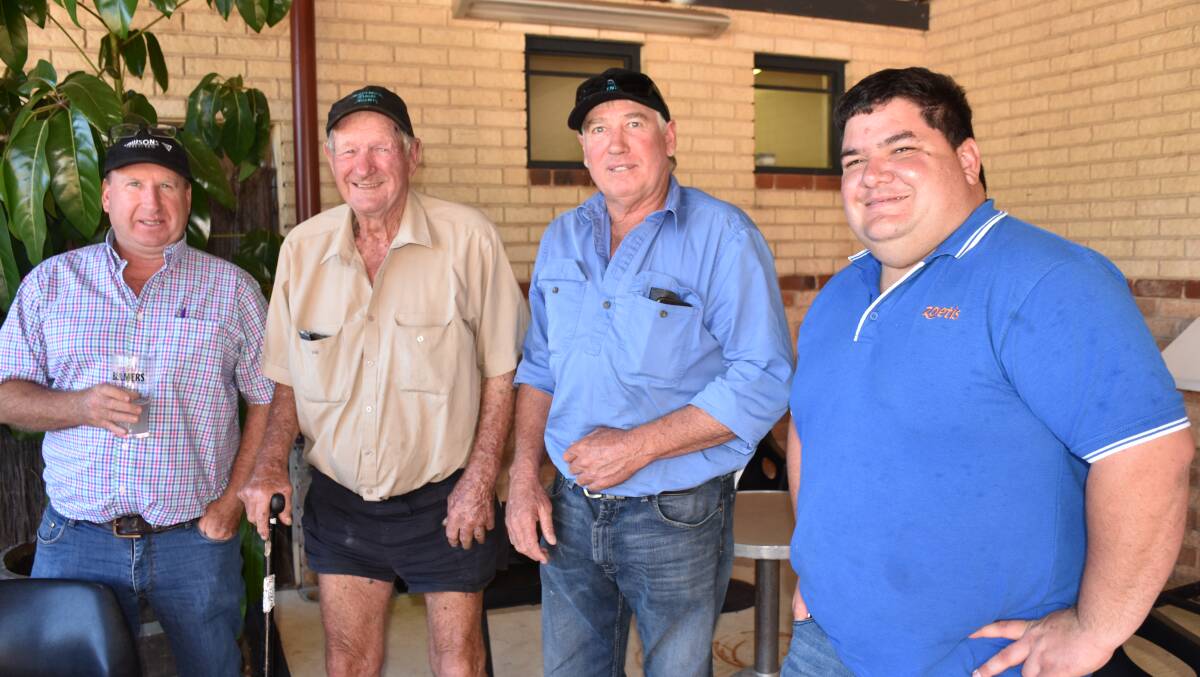Lawson Angus stud principal Harry Lawson (left), with vendors Doug Cummings, Mayanup, Kevin Collins, Collins Bros, Pemberton and Zoetis south west sales representative Jarvis Polglaze, followed the sale at Pemberton on Monday.