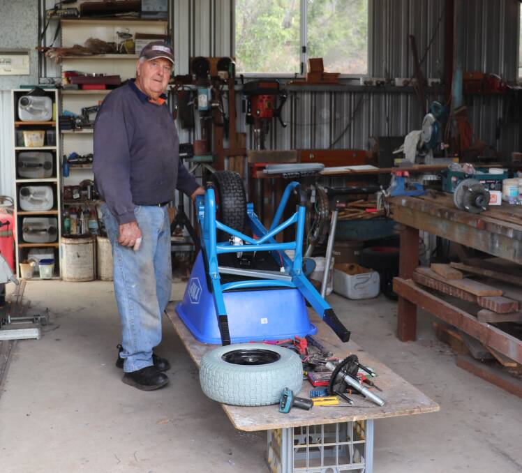  Former Coorow farmer Tim Officer in his Toodyay workshop where he builds his powered wheelbarrows to make life easier for tradies and gardeners. 