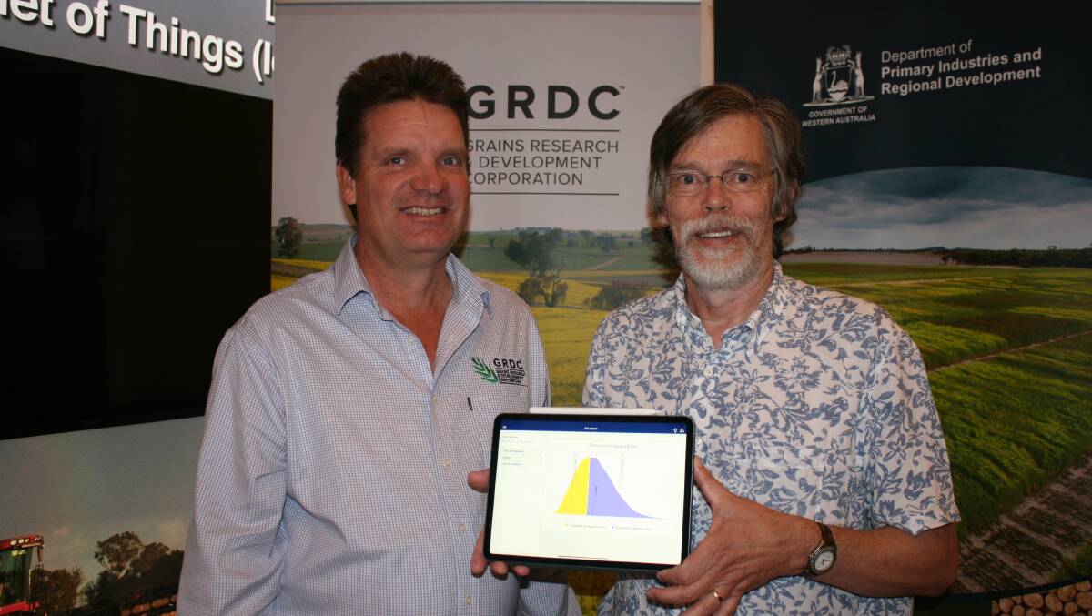 GRDC Western Region Panel member Darrin Lee (left) with DPRID principal research officer Art Diggle launching the new app at the GRDC Grains Research Updates last week.