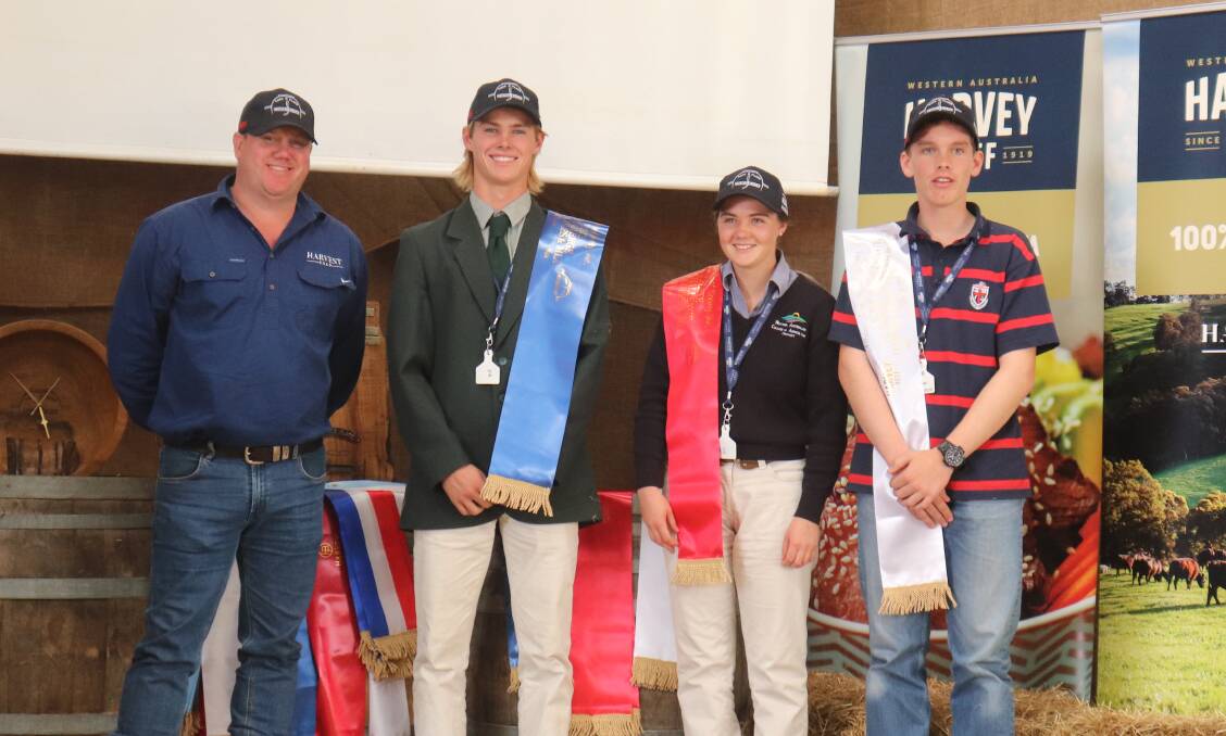 Jonathan Green (left), Harvey Beef, with the carbon topic winners. In first was Cooper Pearson, WACOA Harvey, second was Jacana Vincent, WACOA Denmark (team one) and third was Henry Stephens, Great Southern Grammar.