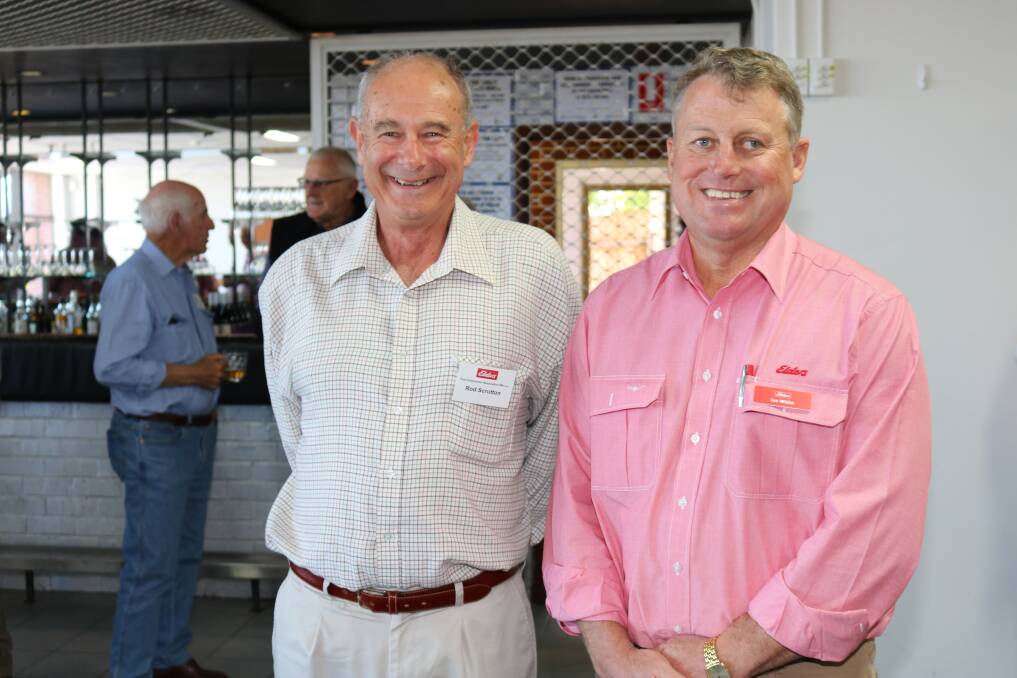 EPEA committee member and past president Rod Scrutton (left), Riverton, enjoyed hearing an update on current workings at Elders from Elders current business position from sales manager west, Ian White.