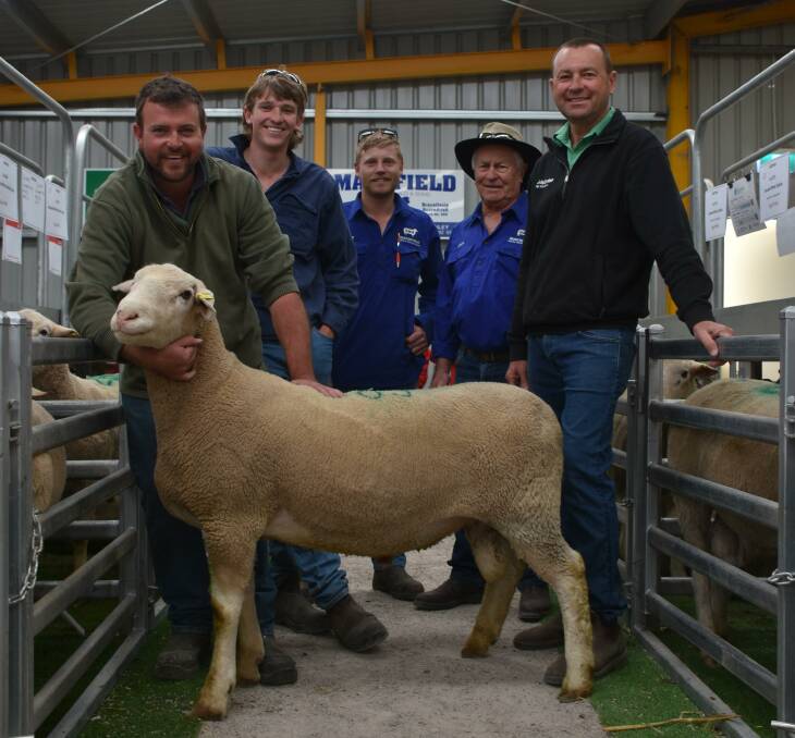  The Macsfield White Suffolk stud, Condingup and Beaumont, led the way in the prime lamb sire section selling this sire for the sections $2600 top price to the Fowler family, Chilwell, Condingup. With the ram were Chilwell livestock manager Steve Bingham (left), Jack Fowler, Macsfield studs Matt and John McDonald and Nutrien Livestock, Esperance agent Darren Chatley.