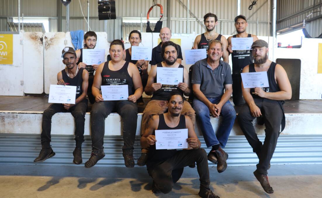 Graduates from a Nungarin shearing and wool handling school, Alfred Thomas-Headley (back left), Haki Matchitt, Ashley Talbot from Department of Primary Industries and Regional Development, Zane Long, Sonny Kimura, Finba Ford (middle left), Mana King, Aubrey Nelson, Agriculture MLC Darren West, Brodie Swankie and Stephen McCarthy (front).