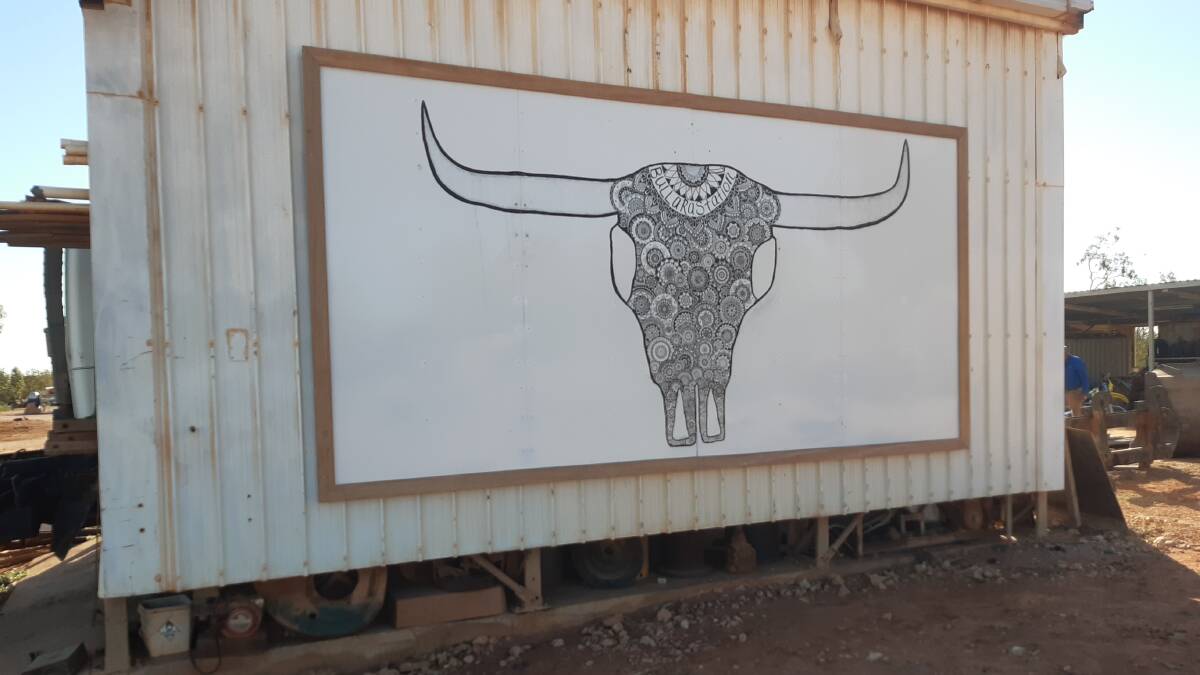 There is artwork placed throughout the station and campsite. This bulls skull image greets you directly opposite the homestead and breaks up the plain side of a machinery shed.