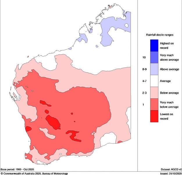 Rainfall decile ranges in WA for the seven months from April to October. The vast majority of the grain growing region was between one and three, meaning below average or very much below average.
