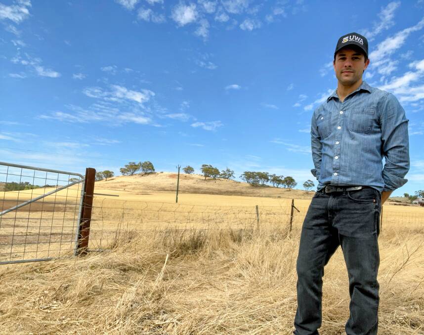  UWA PhD candidate Emanuel Gomez, at a farm in Northam, has been conducting interviews with farmers across WA, but is seeking to enhance awareness among growers of his research.