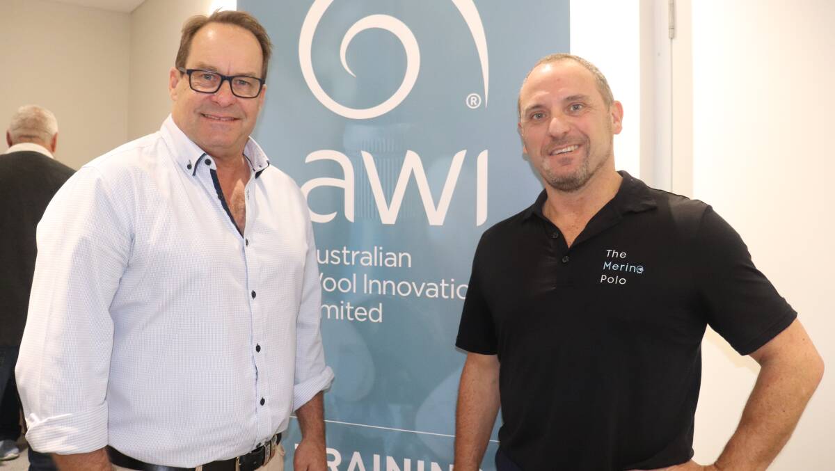Australian Wool Innovation wool harvesting training and development manager Craig French (left) with wool buyer and The Merino Polo shirt producer Steve Noa at the recent Western Australian Shearing Industry Association annual meeting.