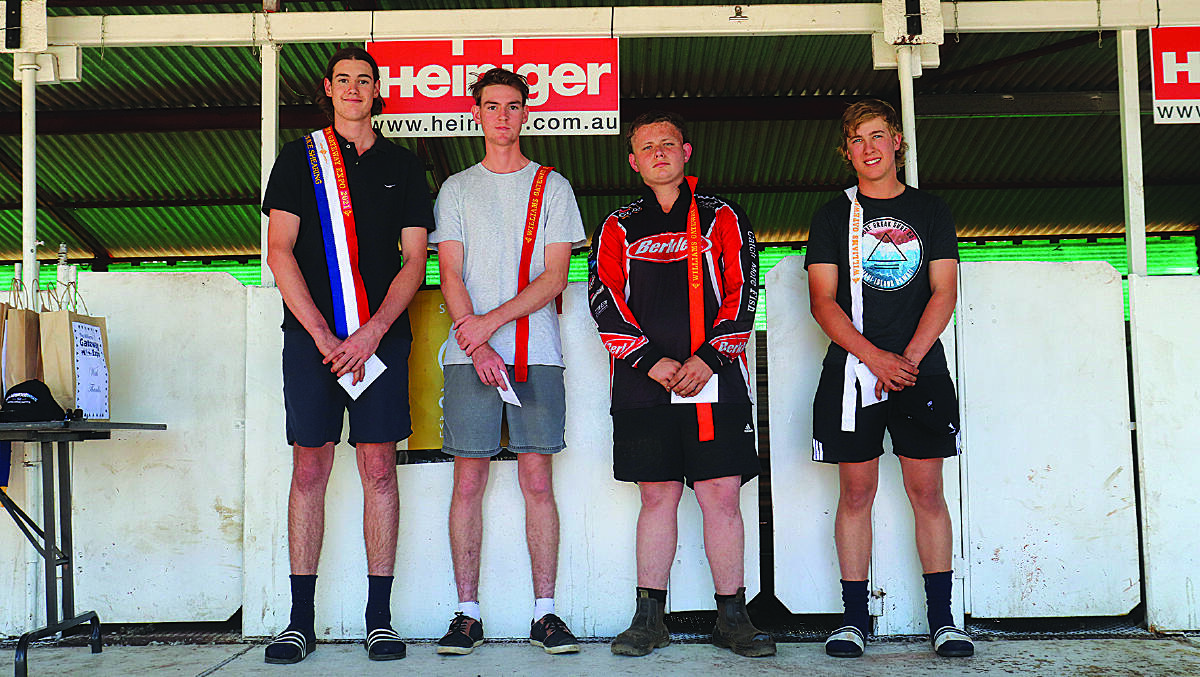 The novice competition was won by George Burt (left), Calingiri. With him were second placed Aaron Cuthbertson, Duncraig, third placed Brandon Goodridge, Williams, and fourth placed Jack Waters, Kellerberrin.