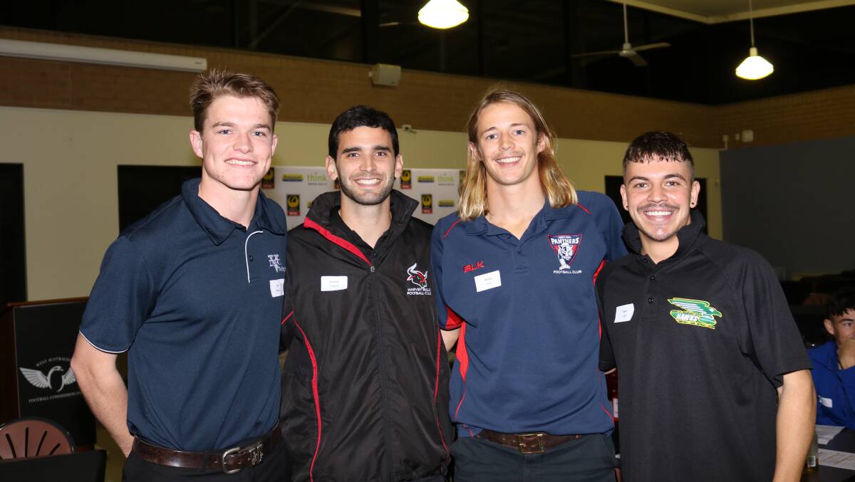 Looking forward to competing in Adelaide were WA State country football team members Zac Trigwell (left), from the Donnybrook Dons, Braden Fimmano, Harvey Bulls, Bailey Taylor, Carey Park Panthers and Sam Lewis, Augusta-Margaret River Hawks.