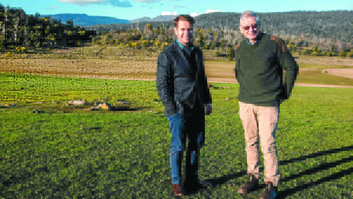 M.J. Bale founder and CEO Matt Jensen (left) with Tasmanian woolgrower Simon Cameron. Wool from Mr Cameron's property Kingston, is used exclusively in M.J. Bale's Kingston Collection suits.
