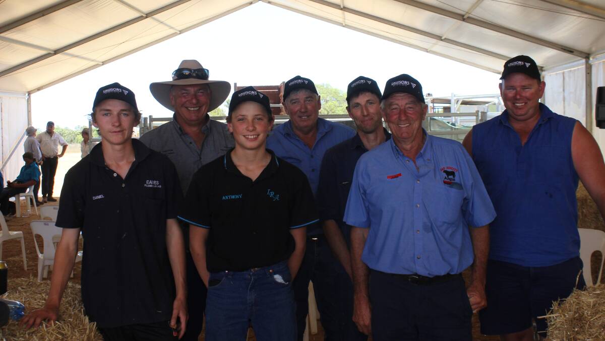 The hats say it all: this South West contingent like their Lawsons Angus bulls. Led by Independent Rural Agents (IRA) principal Colin Thexton (second left), Harrison Brown (left), Anthony Thexton, Paddy Collins, Scott Nix, John Bendotti and Doug Cumming enjoyed buying a few bulls at Cataby last week.