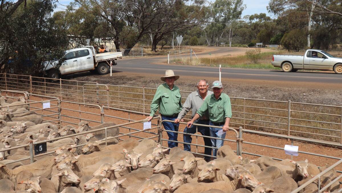 Landmark Moora agent Craig Williamson (right), buyer Bob Harridge (centre), New Norcia and Landmark auctioneer Tiny Holly with the second top price line of ewes at the Landmark Moora ewe sale which sold for $144.