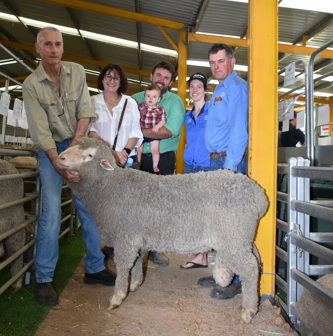 The Pengilly familys Penrose stud, Cascade, recorded a top price of $4300 for its offering of Poll Merino rams. With the studs top-priced ram were buyers Roger (left) and Joanne Nankivell, Condingup, Nutrien Livestock, Esperance representative Jake Hann with son Harley and wife Claire and Penrose stud co-principal Bruce Pengilly.
