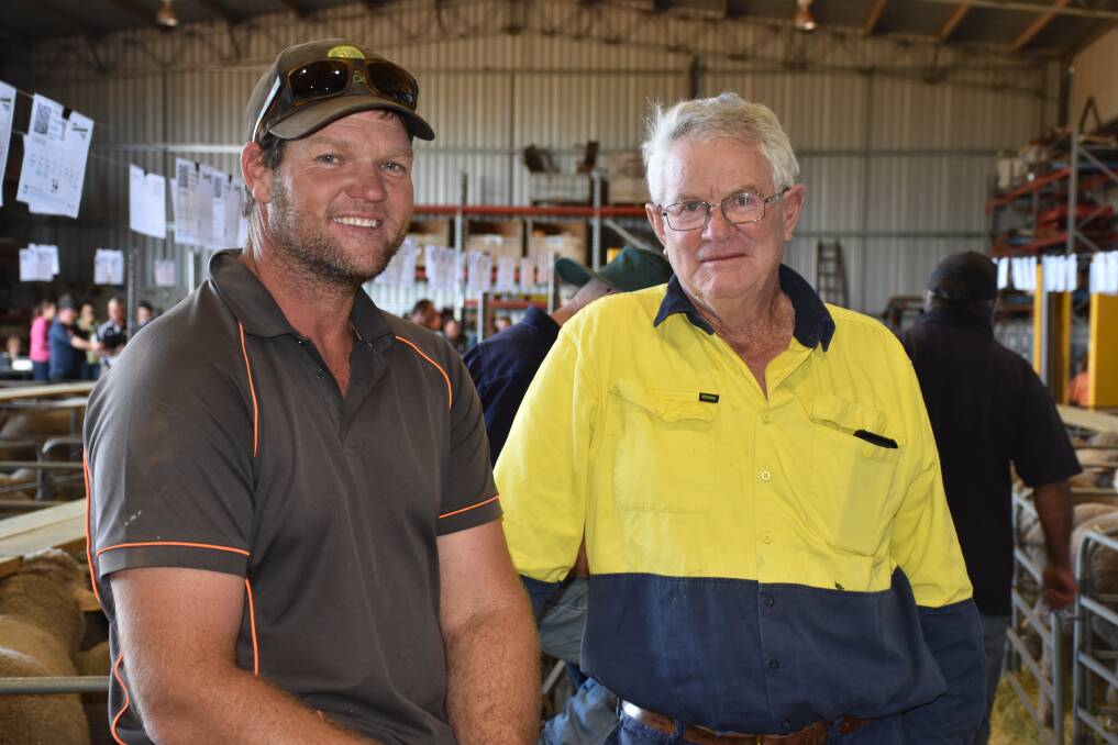 Wade Brockway (left) and father Greg, Wagin, were major volume buyers at at Monday's Chirniminup Dohne ram sale. They paid up to $2400 and bought 15 rams.