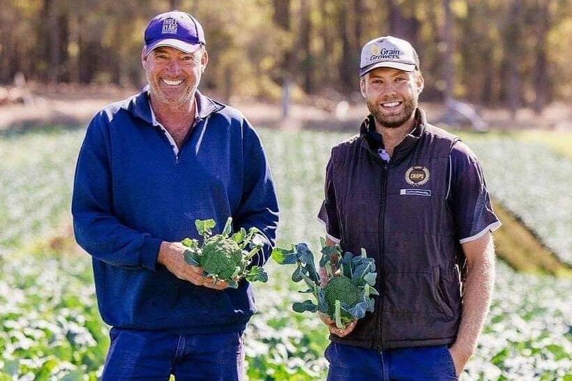 Although Gary (left) and Jake Ryan are producing quality lamb, a substantial part of the Manjimup property is dedicated to vegetable production.