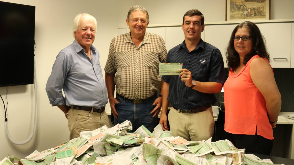WA Angus Society representatives Bruce Campbell (left), Keysbrook and Mark Hattingh, Wannamal, who selected the Angus heifers with AFGRI Equipment Australia marketing and small ag manager Jacques Coetzee, who drew the runner-up ticket and Farm Weekly livestock manager Jodie Rintoul.