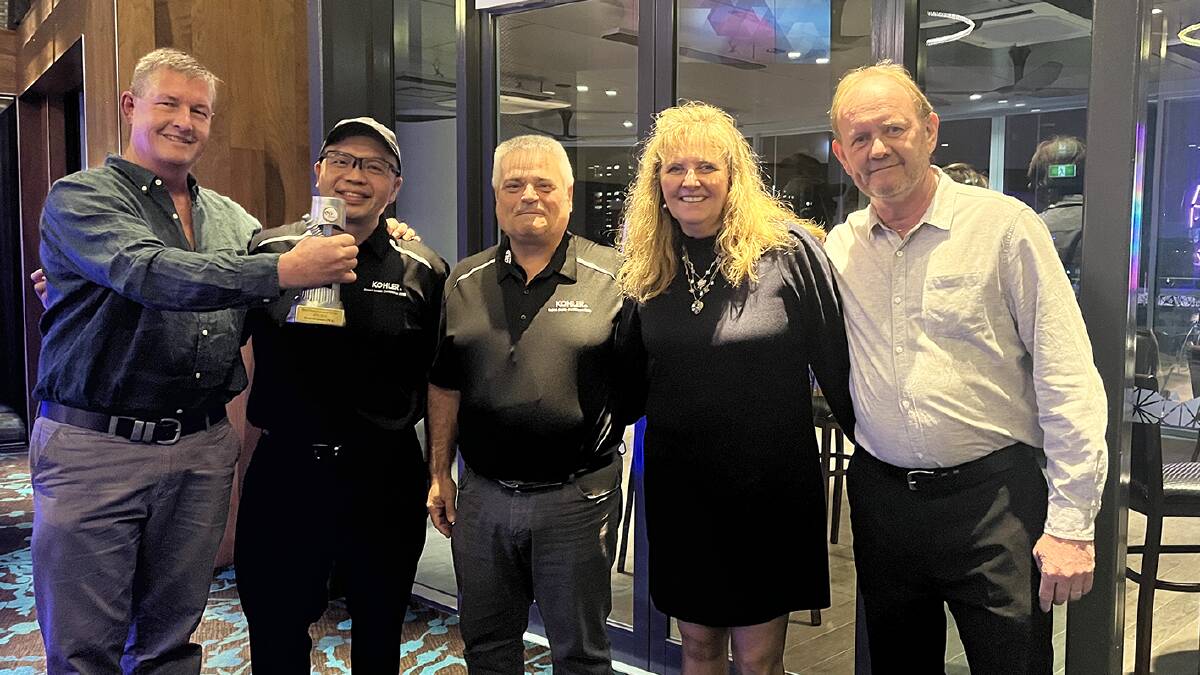 Fred Hopkins WA director Gary Johnson (left), Kohler area manager Lim Wei Cyan, Kohler Lombardini area manager Paolo Zanti, Fred Hopkins director Deborah Johnson and EPG Engines chief executive officer Tim McCarthy at the presentation of the Best Overall Expert dealer in Australia award.