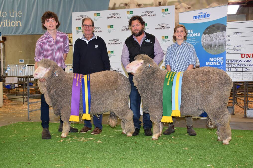 The Claypans stud, Corrigin, exhibited both the junior champion and reserve junior champion exhibits, which were also sashed the grand champion and reserve grand champion autumn shorn rams. With the winning rams were Claypans stud's Tom (left), Philip, Steven and Flynn Bolt. The rams were also sashed the champion and reserve champion autumn shorn Poll Merino rams under 1.5 years. The junior champion award was sponsored by Atlex Stockyards.