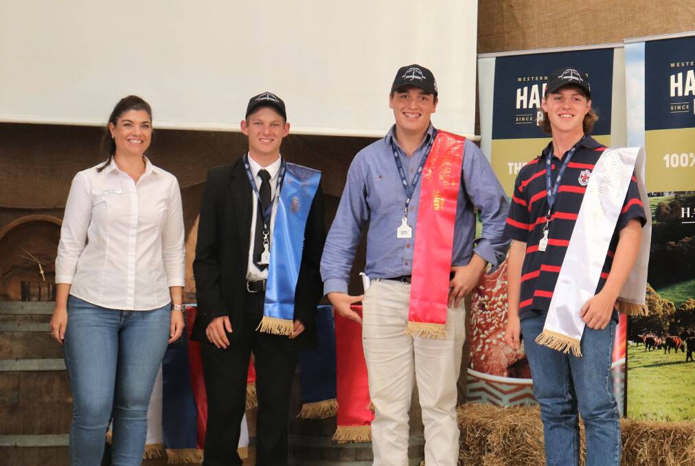 Natasha Thompson (left), Albany Bendigo Bank manager with the finance topic winners. Winning the section was William Lethlean, WACOA, Cunderdin, second was Hamish Bowie, WACOA Denmark (team two) and third was Leo Fleming, Great Southern Grammar.