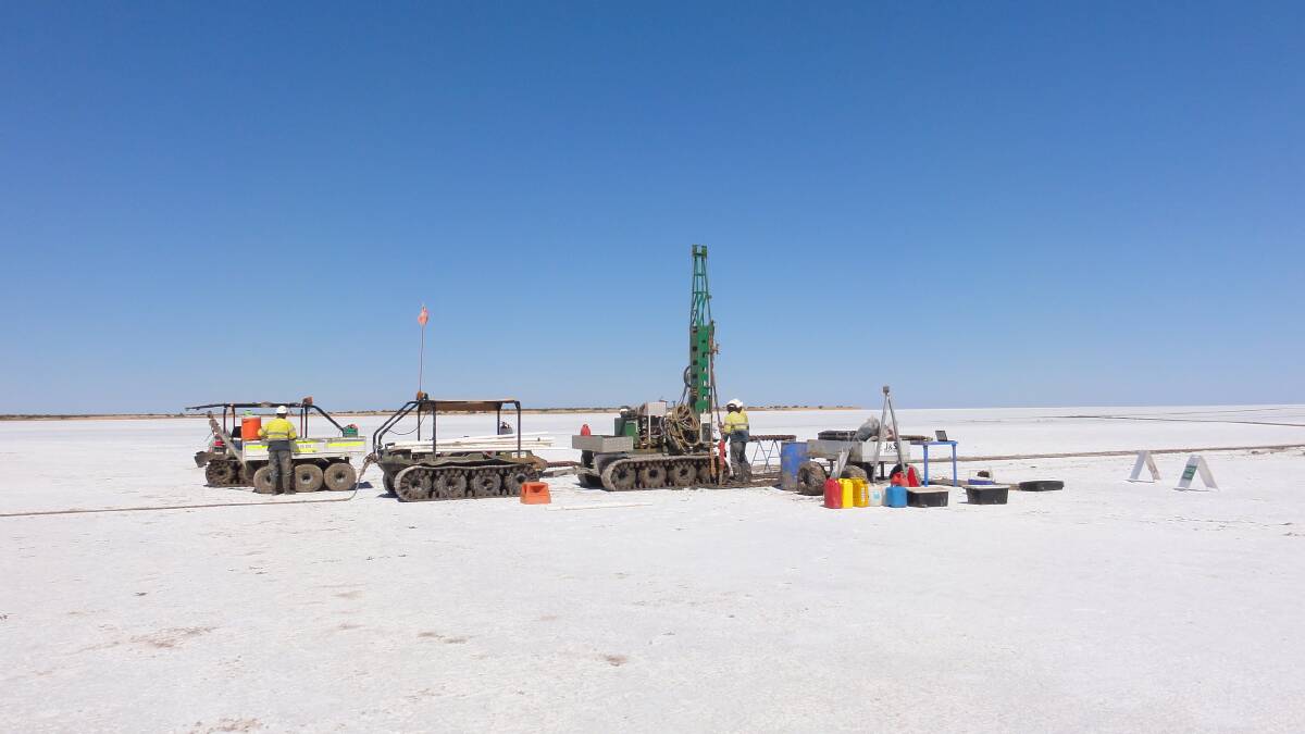 Agrimin's test drilling and sampling rig on Lake Mackay, a 3500 square kilometre salt lake straddling the WA-Northern Territory border.