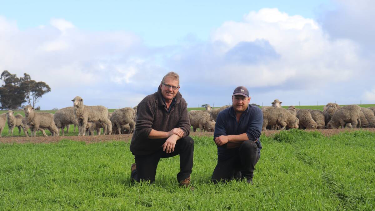 Rick (left) and son Geoff Standish with some of their Merinos on the White Stallion pasture they grow.