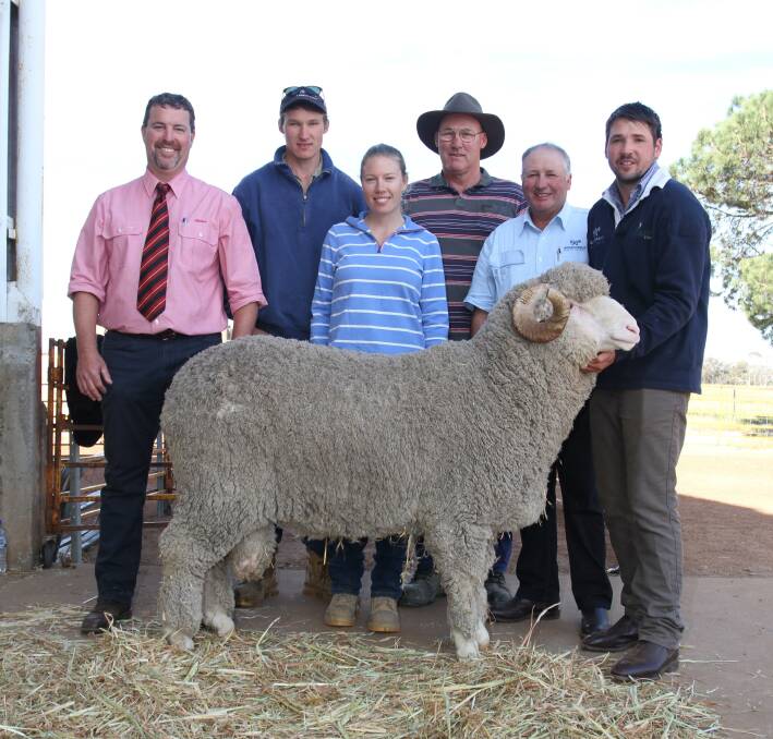  With the $12,500 top-priced ram purchased by the Doyle family, Wylivere Farms, Corrigin, at the annual Woodyarrup on-property ram sale at Broomehill last week were sale auctioneer Nathan King (left), Elders stud stock, Ben Doyle, Cindy Ednie-Brown and Greg Doyle, Wylivere Farms and Woodyarryup stud co-principals Craig and Lachlan Dewar.