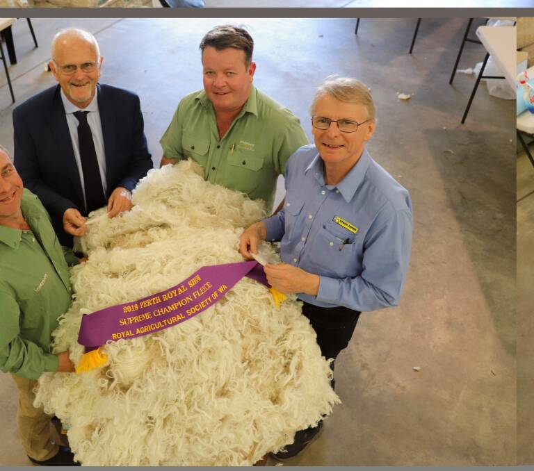 The last Perth Royal Show wool competition judges Matthew Chambers (left), Landmark, chief judge Tim Chapman, Primaries of WA, Cameron Henry, Landmark and Carl Poingdestre, Dyson Jones Wool Marketing Services, with the Supreme fleece of the 2019 show. It was the second year in a row the King family, Rangeview Merino and Poll Merino stud, Darkan, had won the Supreme fleece at the State's most prestigious wool competition, but they will have to wait until next year to attempt the trifecta.