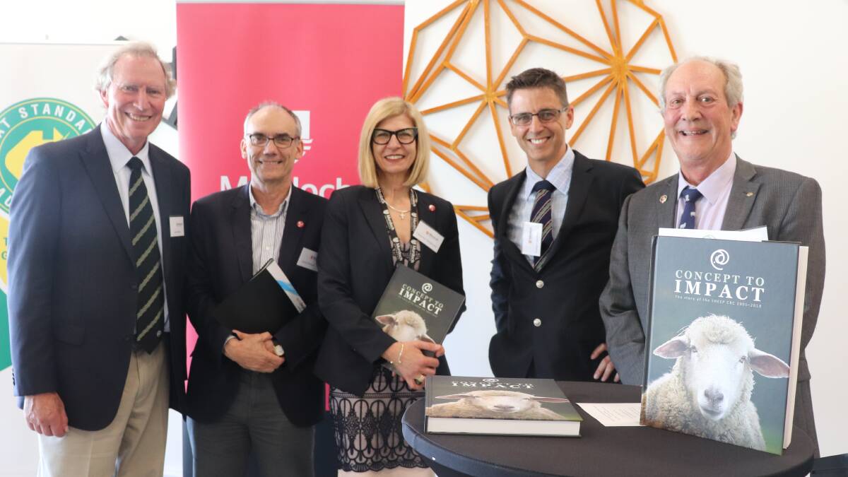 Murdoch University professor Catherine Itsiopoulos (centre) with Sheep CRC executive officer, professor James Rowe (left), Murdoch University professor David Morrison, associate professor Graham Gardner and professor David Pethick with the new Sheep CRC Concept to Impact book at its launch last week.