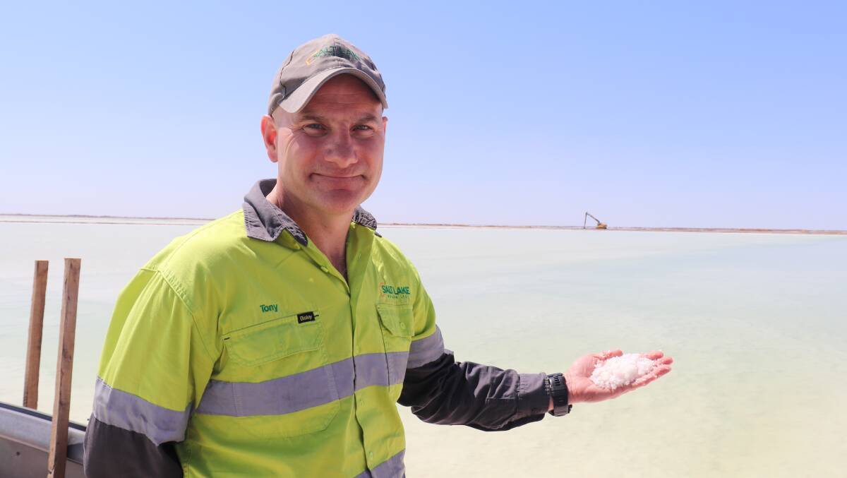 Salt Lake Potash managing director and chief executive officer Tony Swiericzuk with a handful of potassium salts scooped from the edge of an evaporation pond. The salts will be processed into two water-soluble powder Sulphate of Potash fertiliser products.