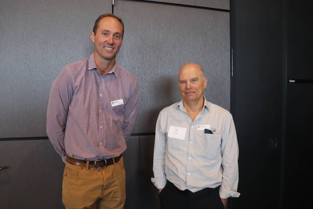 DPIRD research scientist Dion Nicol (left) and climatologist Ian Foster provided an overview of the 2021 season at the DPIRD Grain Industry Day held at Optus Stadium earlier this month.