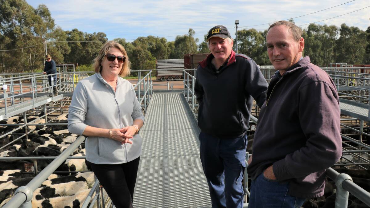 Robyn and Peter Marsh, Donnybrook, with Alf Carroll (right), Cundinup, before the Elders sale. The Marshs purchased some lightweight beef steers at the sale through Elders South West livestock manager Michael Carroll.
