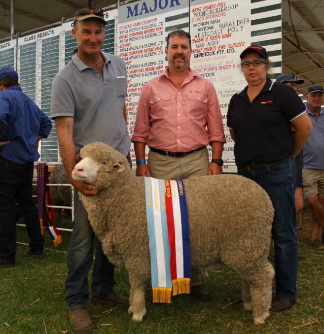 The Tilba Tilba stud, Williams, exhibited the reserve grand champion Merino ewe. With the champion superfine wool Merino ewe were Tilba Tilba stud co-principal Andrew Rintoul (left) and sponsors Nathan King, Elders stud stock and Jodie Rintoul, Farm Weekly.