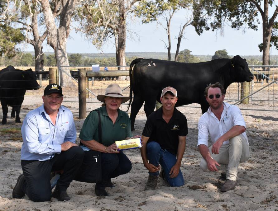 Virbac area sales manager Darren Hendry (left), $14,000 top price buyer Dale Jansen, Fernwood stud, Gingin, holding the Multimin top price incentive, Little Meadows stud connection Mostyn Golding, and auctioneer Miles Pfitzner from Glasser Total Sales Management with the top-priced bull.