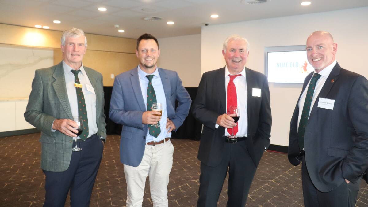 Retired Donnybrook farmer John Fry (left), who was a 1987 Nuffield scholar, Nuffield WA treasurer and 2018 scholar Dylan Hirsch, Latham, main speaker at the luncheon on foot and mouth disease professor John Edwards and Agricultural Region MLC, Opposition spokesman on agriculture and food, fisheries and ports and veterans issues and 2014 scholar Colin de Grussa.