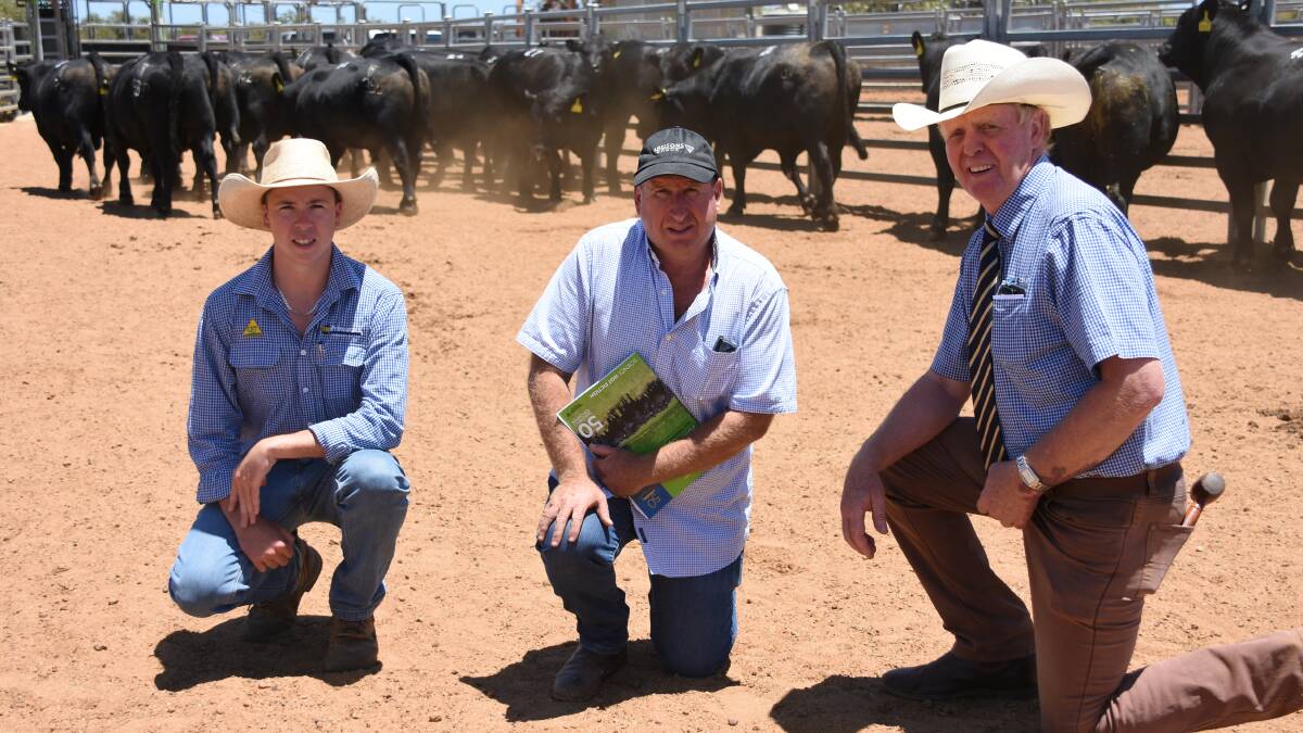 With some of the bulls after last week's Lawsons Angus bull sale at Cataby where prices hit a high of $7500 for a sire sold via the AuctionsPlus system were Primaries representative Damian Delaney, who was taking the AuctionsPlus bids over the phone, Lawsons Angus principal Harry Lawson and Dairy Livestock Services auctioneer Brian Leslie.