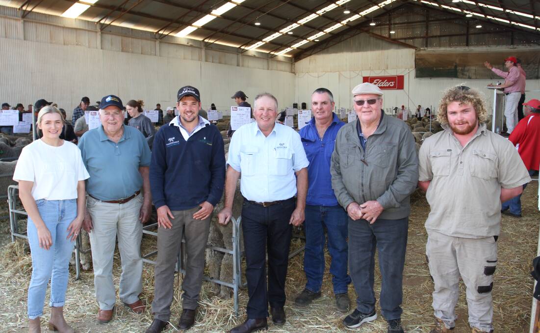 Three generations of the Dewar and Morgan families - Isabella (left), Gavin, Lachlan and Craig Dewar, Woodyarrup stud, Broomehill and Ed, Sean and Corey Morgan, Morgan Bros, Cranbrook. The Morgans were the volume buyers at the Woodyarrup sale where they purchased 23 Merino rams costing from $2100 to $3200.