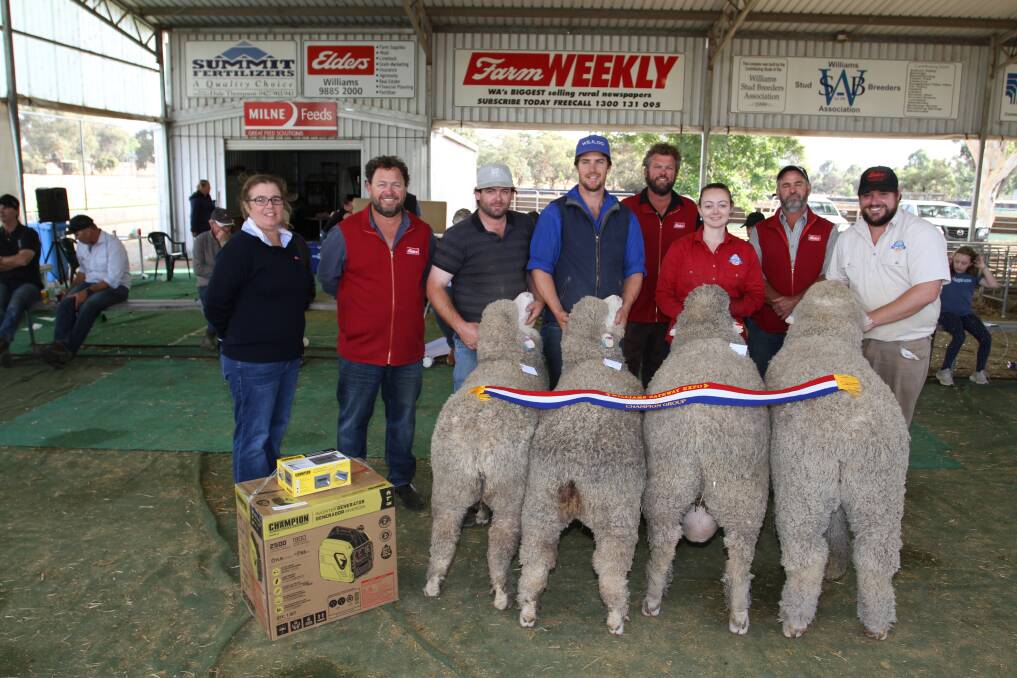Winning first place in the Farm Weekly-sponsored breeders' group of two rams and two ewes at the Williams Gateway Expo Sheep Show at the weekend was the Blight family, Seymour Park stud, Highbury. With the winning team of Poll Merinos from Seymour Park, were Farm Weekly livestock manager Jodie Rintoul (left), judge Steven Bolt, Claypans stud, Corrigin, Sheldon Blight, Kurt Wise, Woodanilling, judge Paul Norrish, Angenup stud Kojonup, Sarah Blight, judge Jason Griffiths, Canowie Fields stud, Gairdner and Clinton Blight.