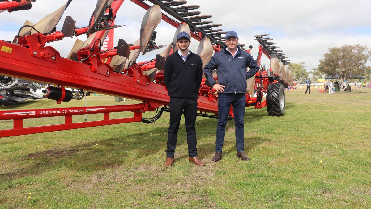 Jake Isaac (left) and general manager Sam Abbott of Waringa with the Grégoire Besson Voyager mouldboard plough and packing system displayed in WA for the first time last week at Mingenew.