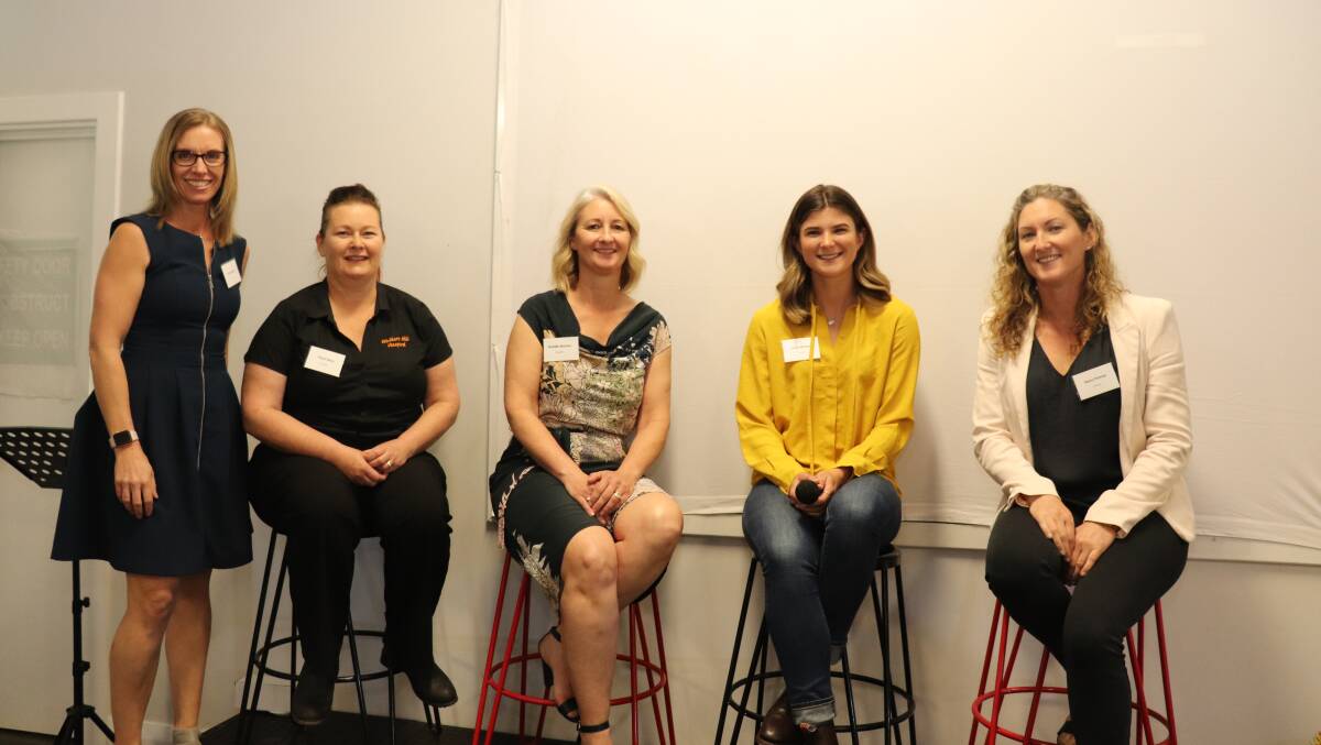 Master of ceremonies Di Darmody (left), ABC, facilitated the panel discussion with Walkers Hill Vineyard owner Tania Henderson-Bray, Shire of Corrigin chief executive officer Natalie Manton, Curtin University agribusiness student Jordy Medlen and author Fiona Palmer, Pingaring.