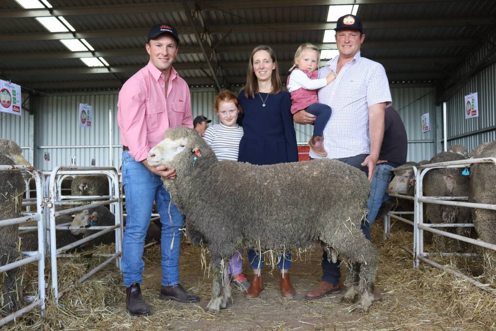 With the top-priced $4800 ram sold at the annual Mianelup stud ram sale at Gnowangerup, were Elders Gnowangerup representative James Culleton (left), Mianelup stud principal Elliot Richardson holding daughter Celeste with partner Marthe dArgentre and niece Phoebe Marwood. The the 102 kilogram sire was secrured by VM & ML Bolt of Corrigin.