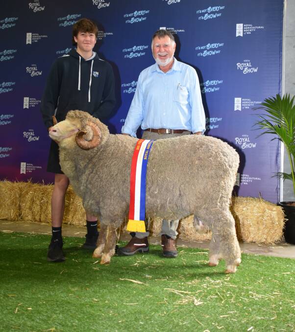 With the champion autumn shorn Merino ram under 1.5 years from the Mullan familys Eastville Park stud, Wickepin, were stud co-principal Rob Mullan and grandson Will Mullan.
