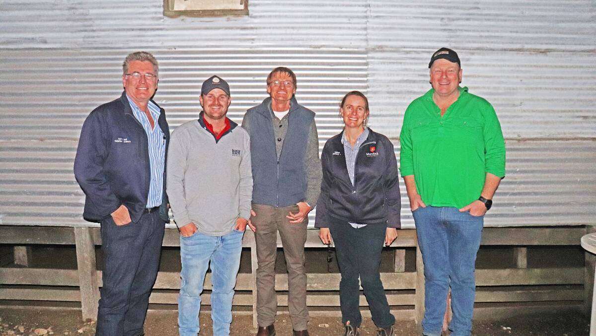 Guest speakers at last weeks Moojepin Merinos field day at Katanning were Murdoch Universitys Andrew Thompson (left), Moojepin stud co-principal Hamish Thompson, John Young, Farming Systems Analysis Service, Murdoch University Veterinarian Caroline Jacobson and Thrive Agri Services adviser, Andrew Kennedy.
