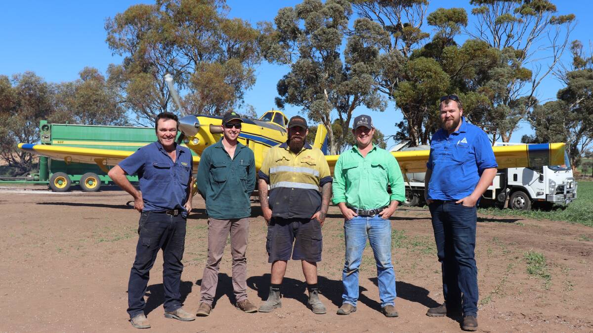 Taurus Aviation chief pilot and owner Brad Jones (left) with New Zealand pilot Cameron Shaw, Taurumanui, Broadlands Farming Co farmhand Alex Alman, York, ground crew and trainee pilot Hugh King and pilot Nick Wyngaarden from Canterbury, NZ, based in Narrabri, New South Wales.