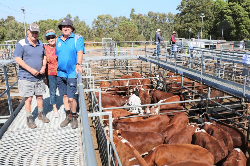 Bill (left), Marion and Greg Varis, Bowelling, were at the Boyanup weaner sale to see Gregs Hereford calves sell with the top pen making $1687.
