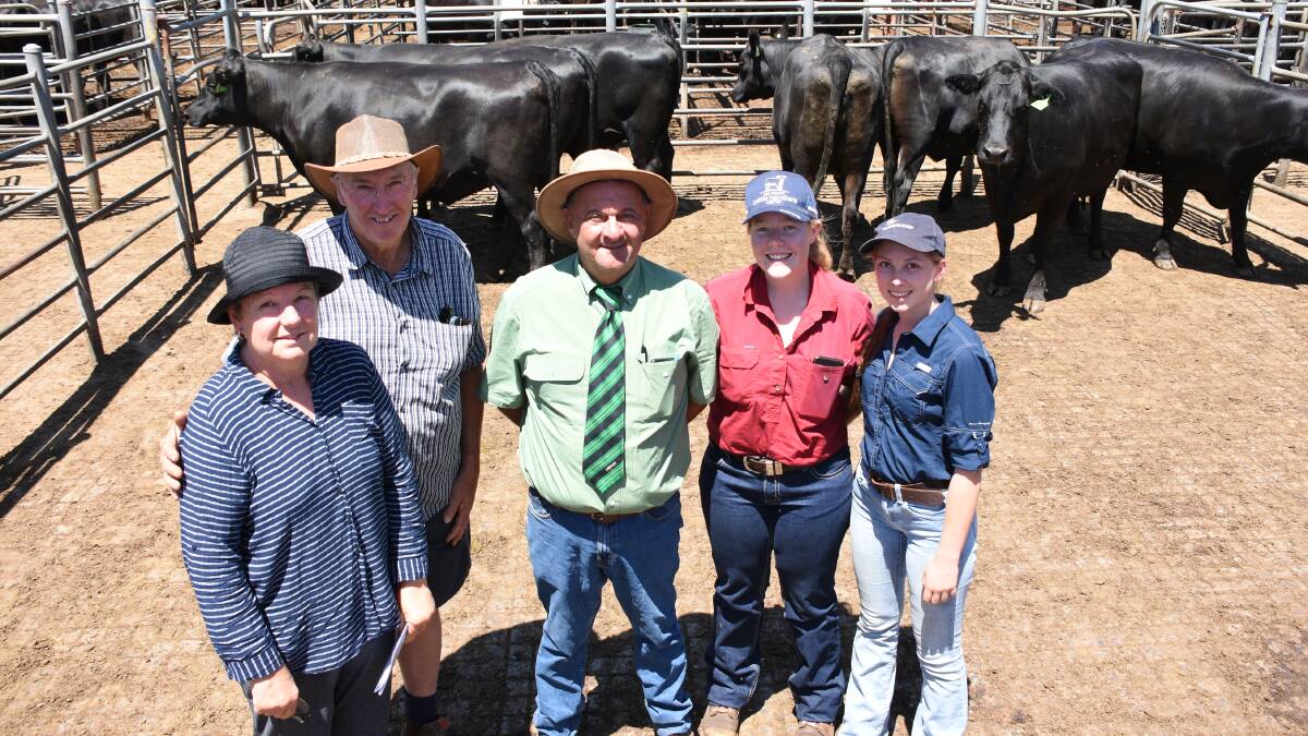The Haddon family, NL & E Haddon, Busselton, sold a pen of Angus-Friesian heifers at the equal $2400 top price to GC & CA Brown, Nannup. With the pen of heifers were vendors Elaine (left) and Neville Haddon, Landmark sale co-ordinator Ralph Mosca and Neroli Weatherhead and Jayne Thompson, who are doing a traineeship with the Haddon family after graduating from the WA College of Agriculture, Denmark, this year.
