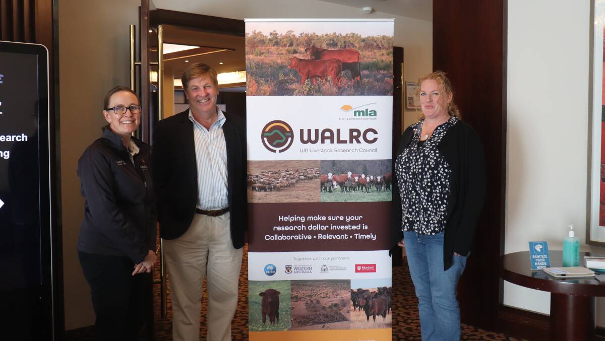 Murdoch University associate professor Caroline Jacobson (left), WALRC chairman Tim Watts and CSIRO senior principal research scientist Hayley Norma caught up at the annual WA Livestock Research Council meeting at the Pagoda, South Perth.
