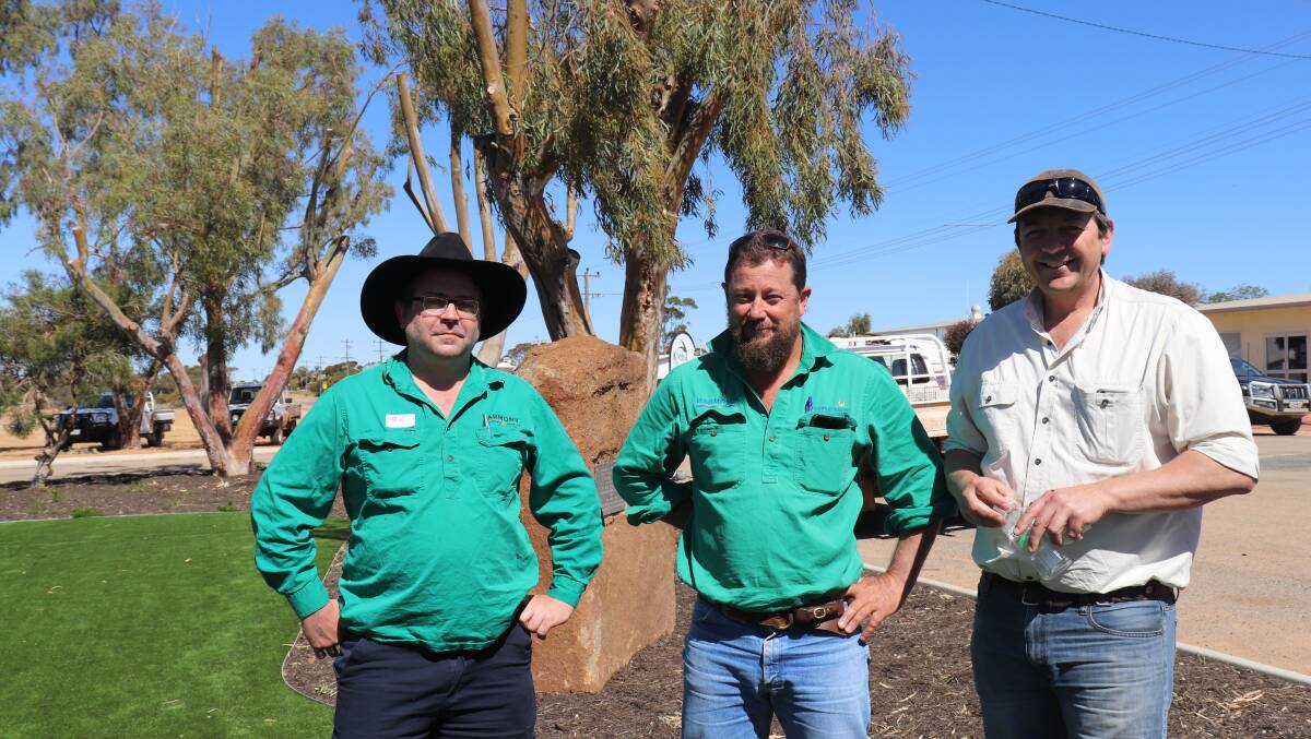 Dale Ure (left), Harmony Agriculture and Food Company's local Westbeef feedlot business manager, Garry Robinson, Harmony's western operations manager and Justin Wolfgang, co-founder of RegenWA.