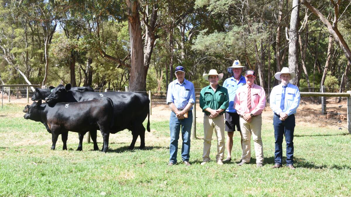 With the $9000 top-priced PTIC Angus cow and calf unit were Monterey stud principal Gary Buller (left), Nutrien Livestock, Boyup Brook agent Jamie Abbs, buyer Kevin Armstrong, Willowbank, Benger, Elders auctioneer Pearce Watling and Cameron Petricevich, Cam Petricevich Auctioneering, Albany.